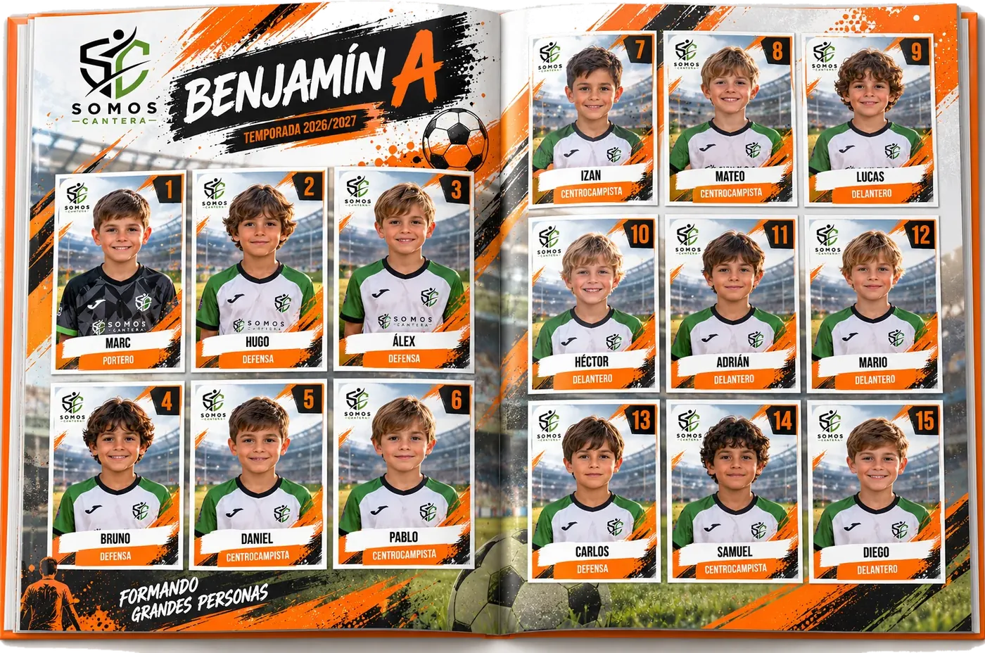 Álbum abierto por la doble página del Benjamín A, con los cromos de los quince jugadores pegados