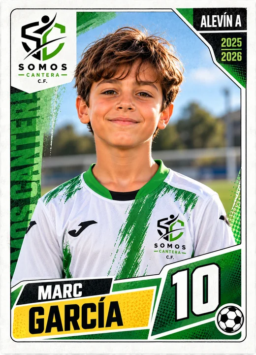 Cromo de Marc García, dorsal 10, centrocampista del Alevín A, diseño verde con fondo de campo