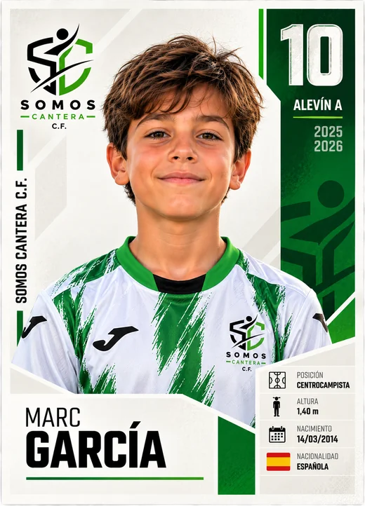 Cromo de Marc García, dorsal 10, centrocampista del Alevín A, diseño blanco y verde con ficha de datos