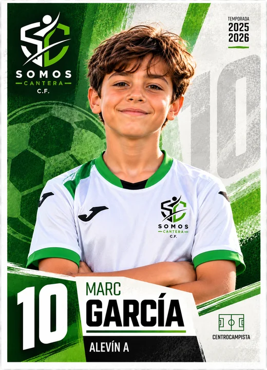 Cromo de Marc García, dorsal 10, centrocampista del Alevín A, diseño verde