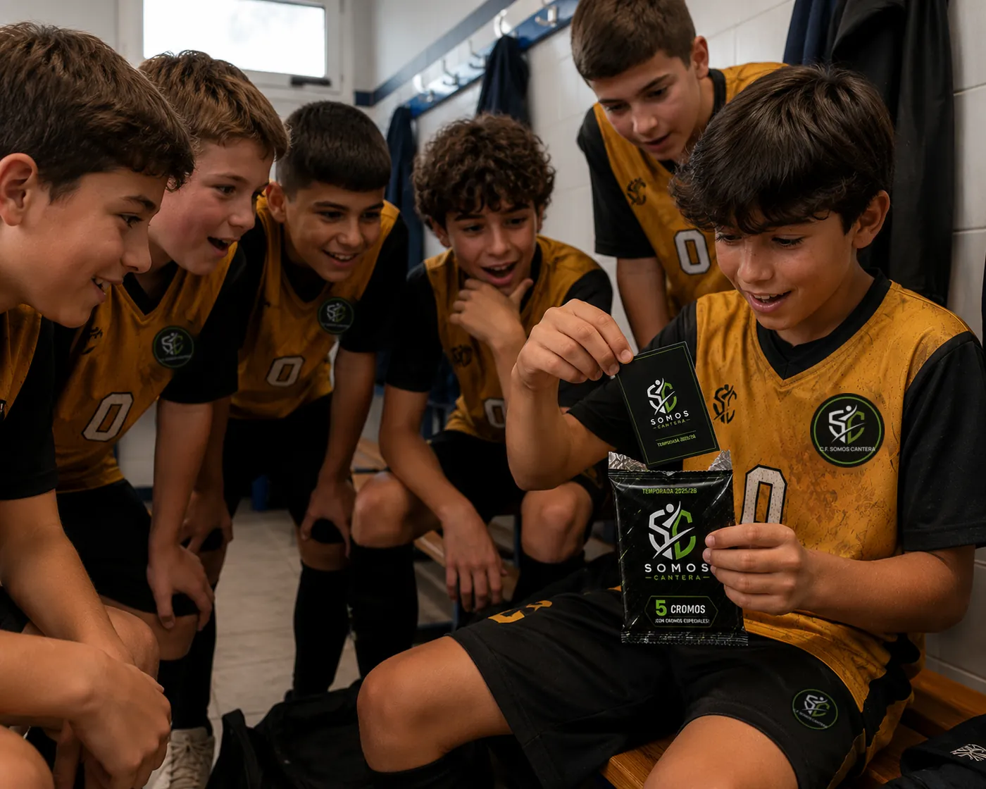 Un grupo de jugadores en el vestuario mira cómo un compañero abre un sobre de cromos de Somos Cantera